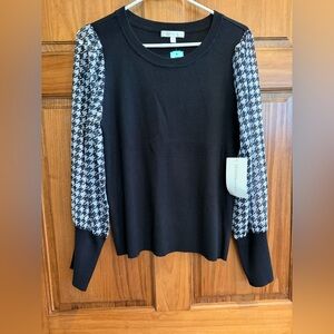 Design History Black Top with Houndstooth Sleeves
